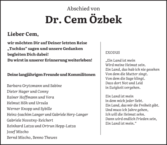 Todesanzeige von Cem Özbek von saarbruecker_zeitung