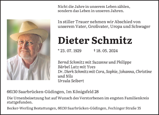 Todesanzeige von Dieter Schmitz von saarbruecker_zeitung