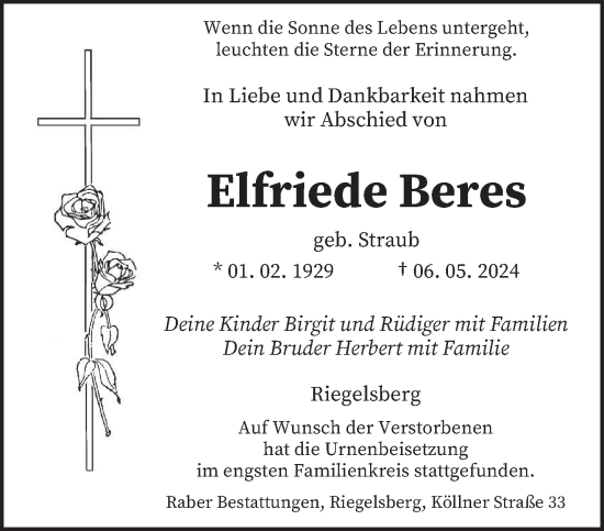 Todesanzeige von Elfriede Beres von saarbruecker_zeitung