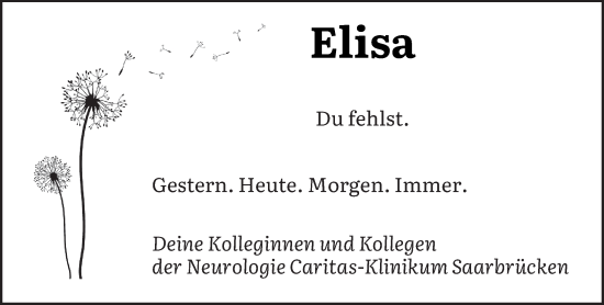 Todesanzeige von Elisa  von saarbruecker_zeitung