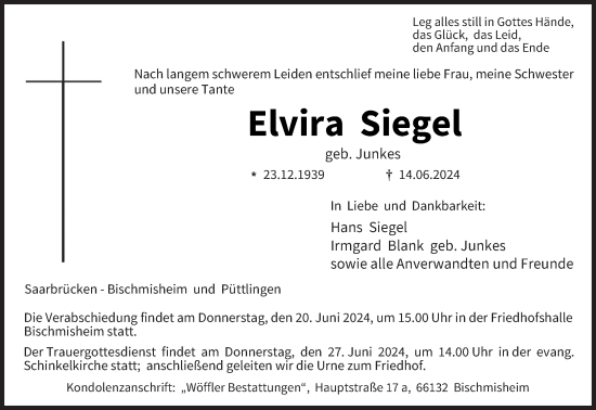 Todesanzeige von Elvira Siegel von saarbruecker_zeitung