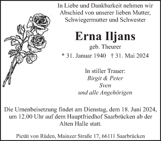 Todesanzeige von Erna Iljans von saarbruecker_zeitung