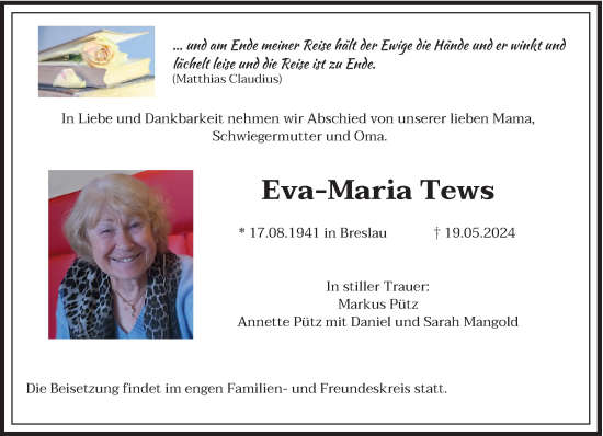 Todesanzeige von Eva-Maria Tews von saarbruecker_zeitung