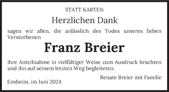 Todesanzeige von Franz Breier von saarbruecker_zeitung