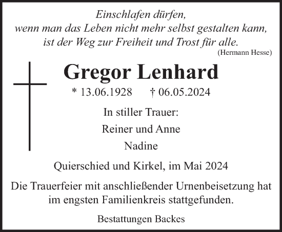Todesanzeige von Gregor Lenhard von saarbruecker_zeitung