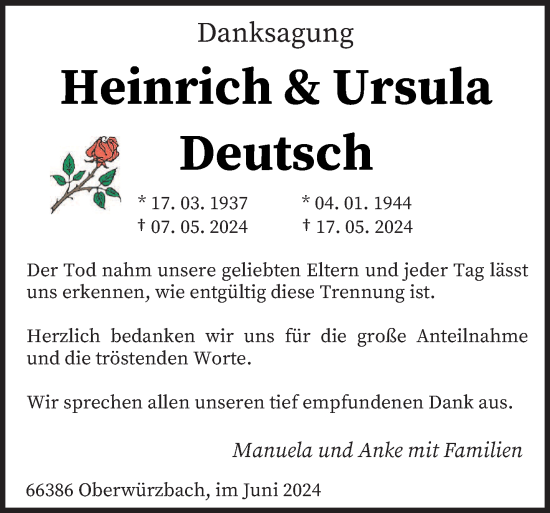 Todesanzeige von Heinrich und Ursula Deutsch von saarbruecker_zeitung