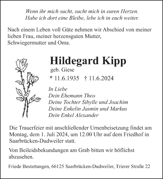 Todesanzeige von Hildegard Kipp von saarbruecker_zeitung