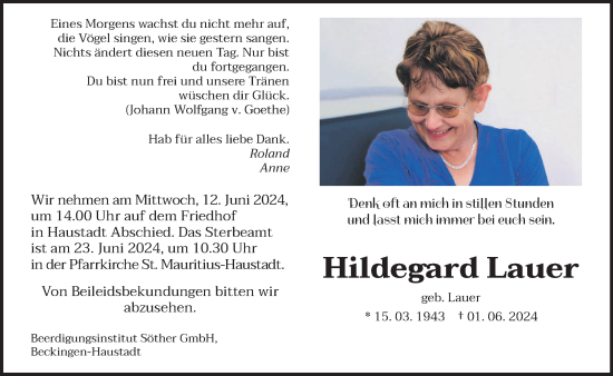 Todesanzeige von Hildegard Lauer von saarbruecker_zeitung