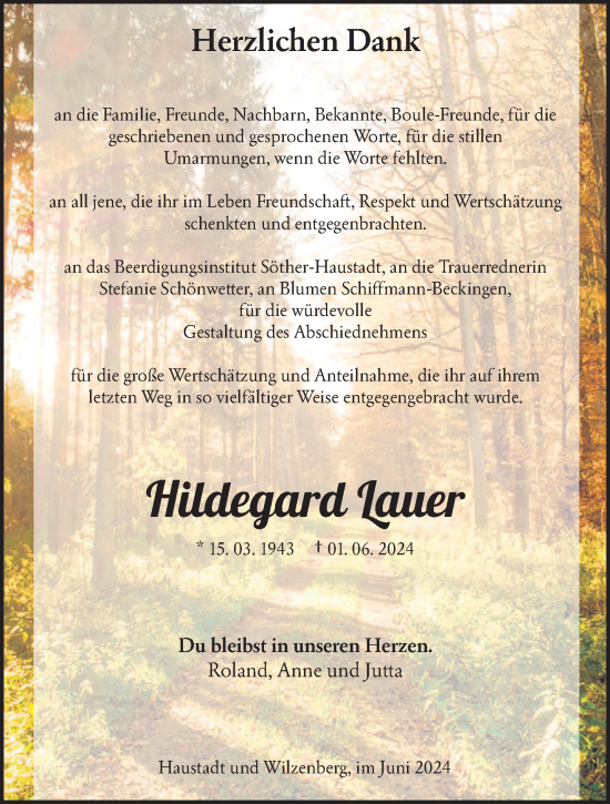 Todesanzeige von Hildegard Lauer von saarbruecker_zeitung