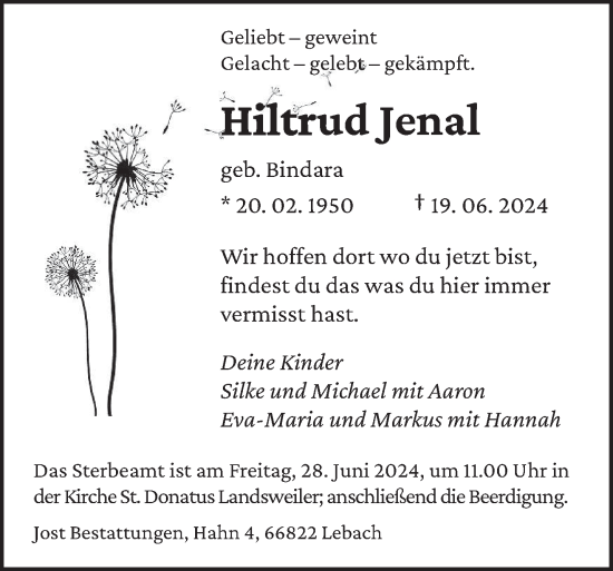 Todesanzeige von Hiltrud Jena von saarbruecker_zeitung