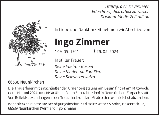 Todesanzeige von Ingo Zimmer von saarbruecker_zeitung