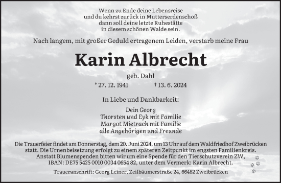 Todesanzeige von Karin Albrecht von saarbruecker_zeitung