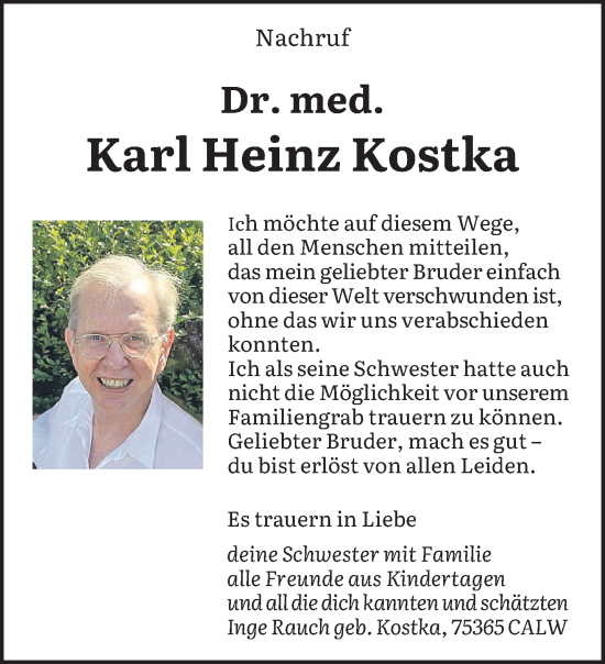 Todesanzeige von Karl Heinz Kostka von saarbruecker_zeitung