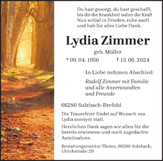 Todesanzeige von Lydia Zimmer von saarbruecker_zeitung