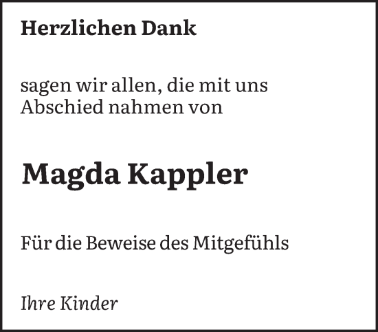 Todesanzeige von Magda Kappler von saarbruecker_zeitung