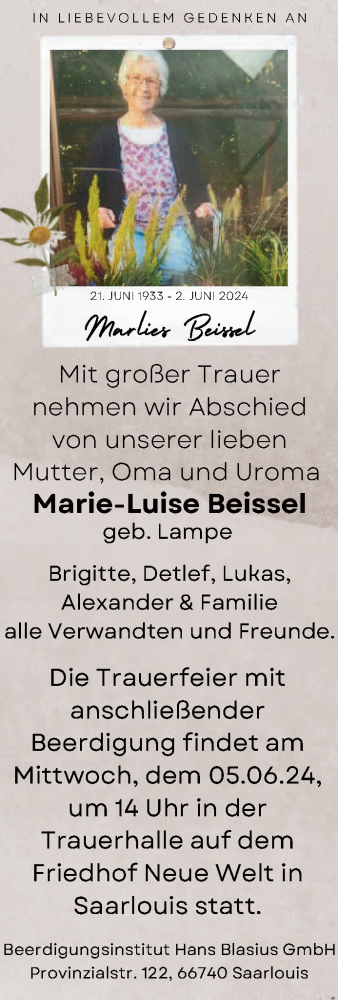 Todesanzeige von Marie-Luise Beissel von saarbruecker_zeitung