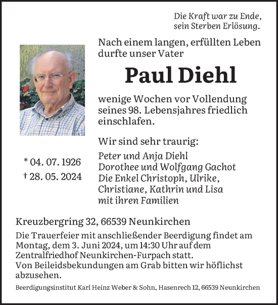 Todesanzeige von Paul Diehl von saarbruecker_zeitung