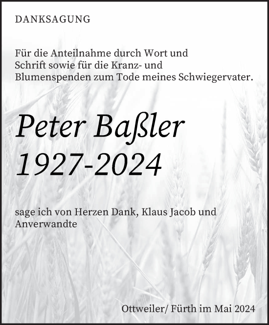 Todesanzeige von Peter Baßler von saarbruecker_zeitung