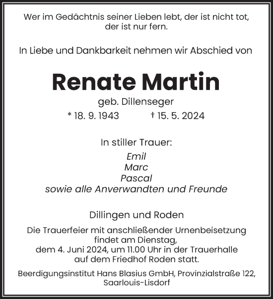 Todesanzeige von Renate Martin von saarbruecker_zeitung