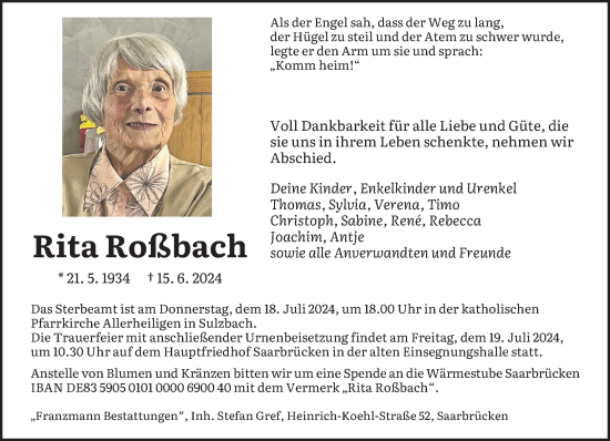 Todesanzeige von Rita Roßbach von saarbruecker_zeitung