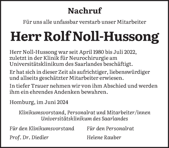 Todesanzeige von Rolf Noll-Hussong von saarbruecker_zeitung