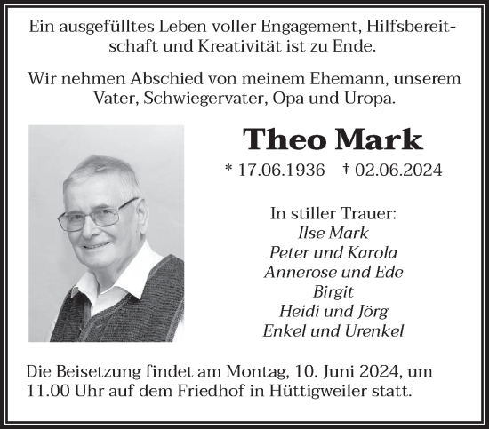 Todesanzeige von Theo Mark von saarbruecker_zeitung