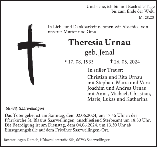 Todesanzeige von Theresia Urnau von saarbruecker_zeitung