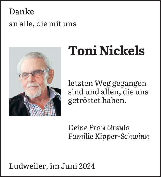 Todesanzeige von Toni Nickels von saarbruecker_zeitung