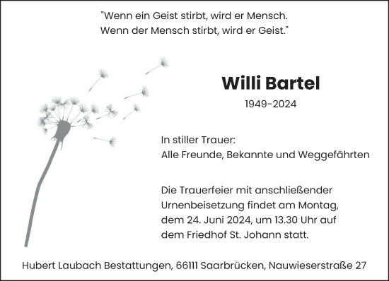Todesanzeige von Willi Bartel von saarbruecker_zeitung