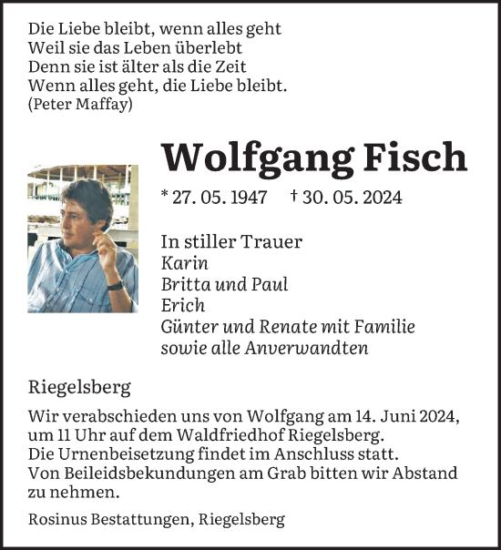 Todesanzeige von Wolfgang Fisch von saarbruecker_zeitung