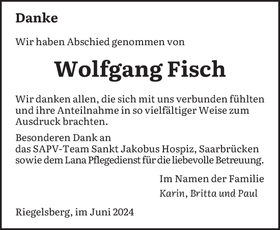 Todesanzeige von Wolfgang Fisch von saarbruecker_zeitung