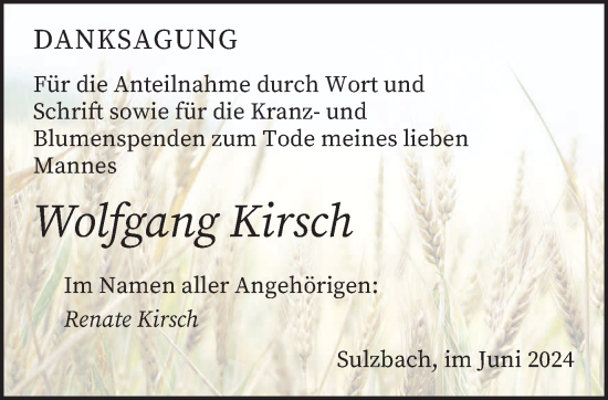 Todesanzeige von Wolfgang Kirsch von saarbruecker_zeitung