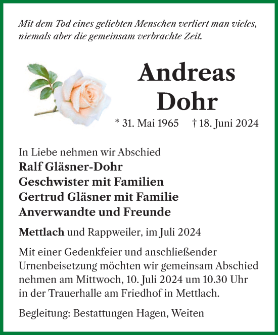 Todesanzeige von Andreas Dohr von saarbruecker_zeitung