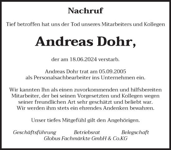 Todesanzeige von Andreas Dohr von saarbruecker_zeitung