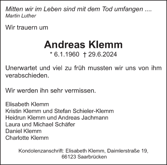 Todesanzeige von Andreas Klemm von saarbruecker_zeitung