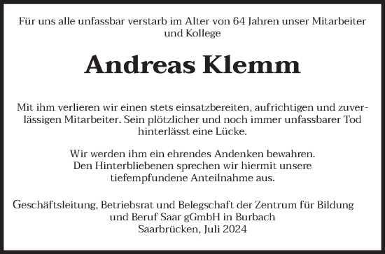 Todesanzeige von Andreas Klemm von saarbruecker_zeitung