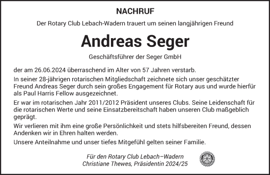 Todesanzeige von Andreas Seger von saarbruecker_zeitung
