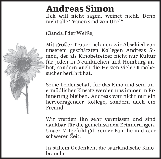 Todesanzeige von Andreas Simon von saarbruecker_zeitung