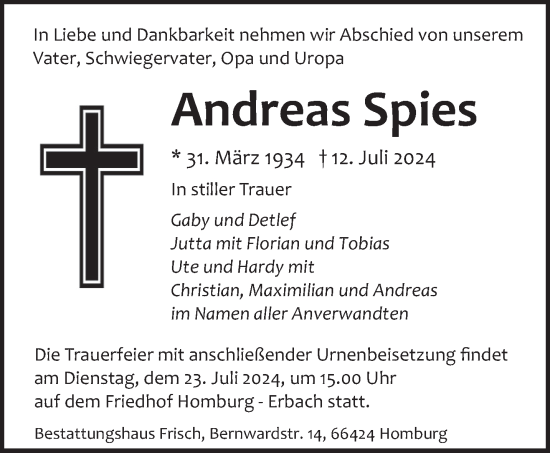 Todesanzeige von Andreas Spies von saarbruecker_zeitung
