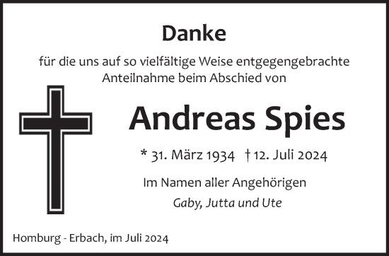 Todesanzeige von Andreas Spies von saarbruecker_zeitung