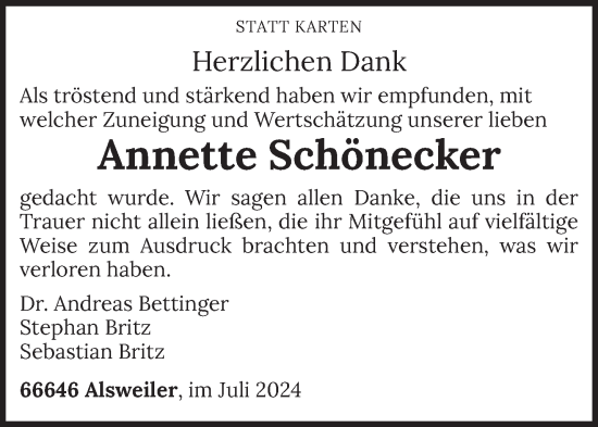 Todesanzeige von Annette Schönecker von saarbruecker_zeitung