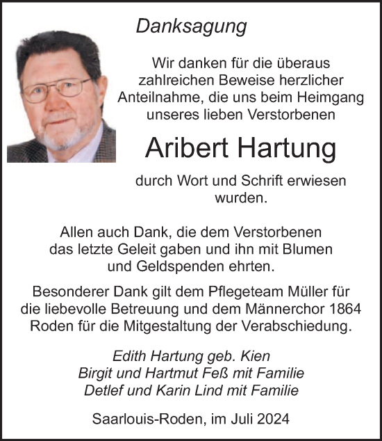 Todesanzeige von Aribert Hartung von saarbruecker_zeitung
