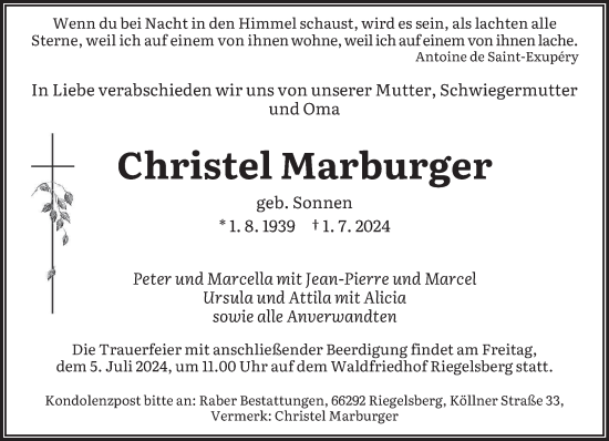 Todesanzeige von Christel Marburger von saarbruecker_zeitung