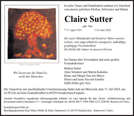 Todesanzeige von Claire Sutter von saarbruecker_zeitung