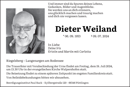 Todesanzeige von Dieter Weiland von saarbruecker_zeitung