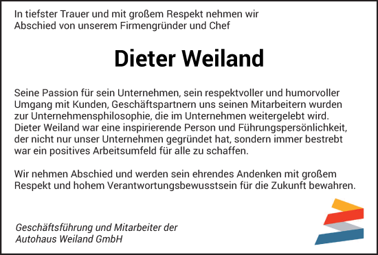 Todesanzeige von Dieter Weiland von saarbruecker_zeitung