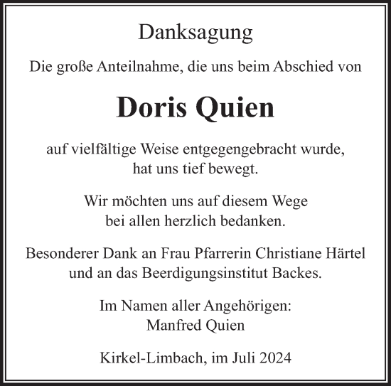 Todesanzeige von Doris Quien von saarbruecker_zeitung