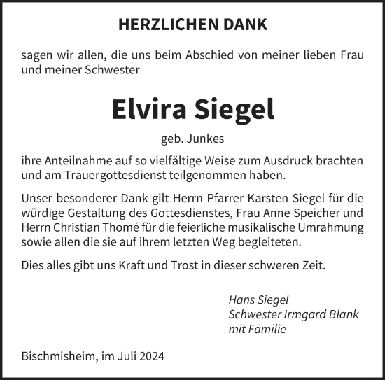 Todesanzeige von Elvira Siegel von saarbruecker_zeitung