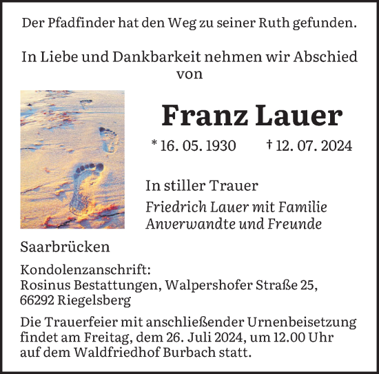Todesanzeige von Franz Lauer von saarbruecker_zeitung