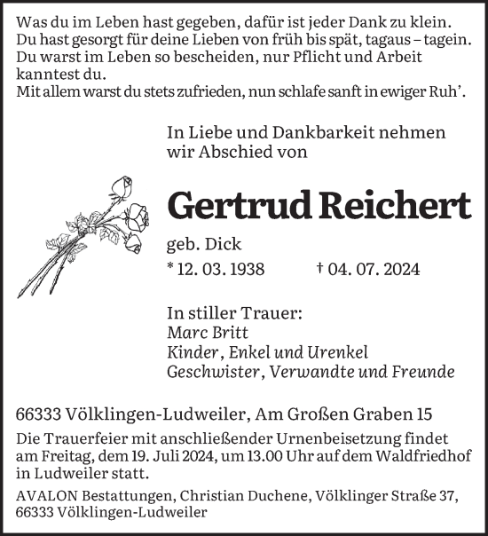 Todesanzeige von Gertrud Reichert von saarbruecker_zeitung